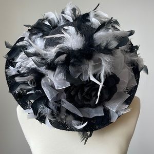 Derby Hat Black White and Feathers